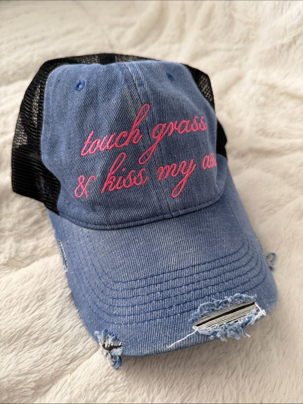Blue Distressed Trucker Hat with Pink Script